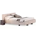 Modern Upholstered Bed With Beige Mattress Plush Pillows And Marble Nightstand