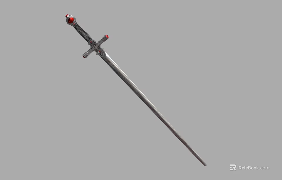 Ancient Decorative Sword With Red Gemstone Pommel And Silver Sharp Blade 3d model 