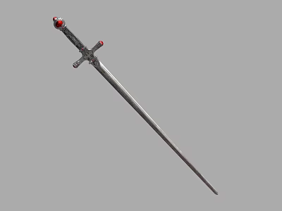 Ancient Decorative Sword With Red Gemstone Pommel And Silver Sharp Blade 3d model
