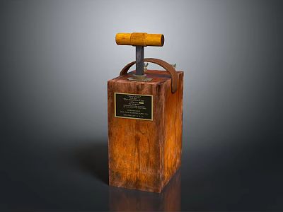 Vintage Wooden Box With Yellow Handle Metal Lever And Gold Plaque 3d model