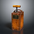 Vintage Wooden Box With Yellow Handle Metal Lever And Gold Plaque