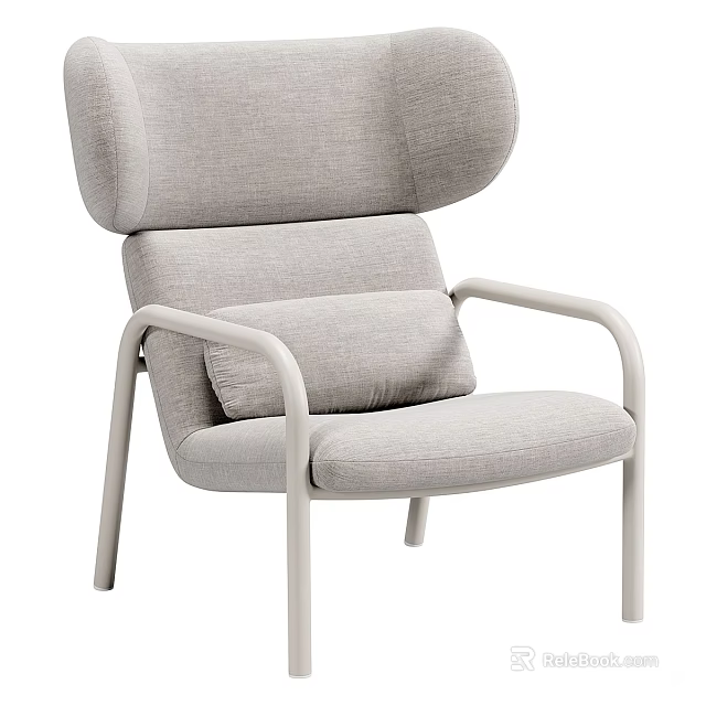 Gray Upholstered Leisure Chair With High Backrest Padded Seat And Metal Armrests 3d model 
