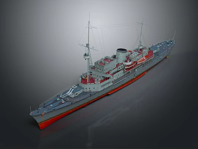 Detailed Warship 3D Model With Gray Hull Red Bottom Smokestacks And Masts 3d model