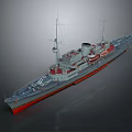 Detailed Warship 3D Model With Gray Hull Red Bottom Smokestacks And Masts