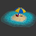 Small Beach Area With Yellow Blue Umbrella Red Chair And Water