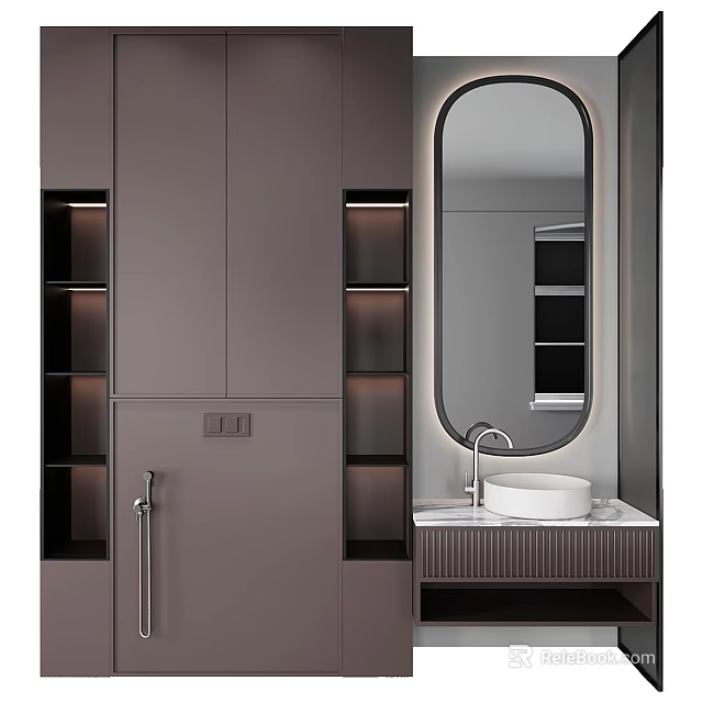 Elegant Modern Bathroom Vanity With Oval Mirror Marble Countertop And Built in Cabinets 3d model 