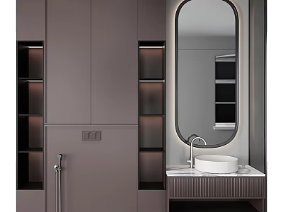 Elegant Modern Bathroom Vanity With Oval Mirror Marble Countertop And Built in Cabinets 3d model