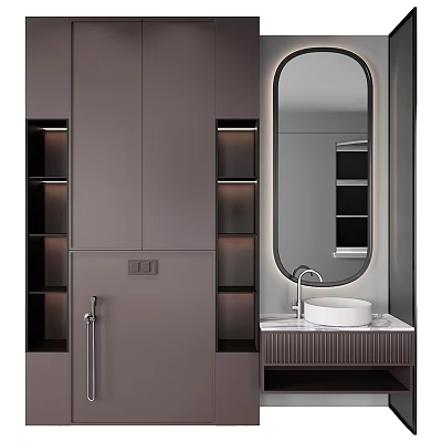 Elegant Modern Bathroom Vanity With Oval Mirror Marble Countertop And Built in Cabinets 3d model