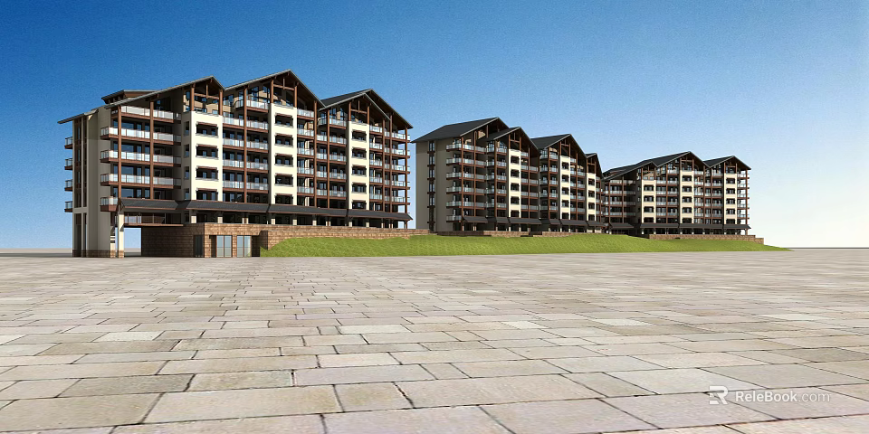 Traditional Modern Multi Storey Hotel Building With Dark Roof Stone Paved Plaza And Lawn Area 3d model 