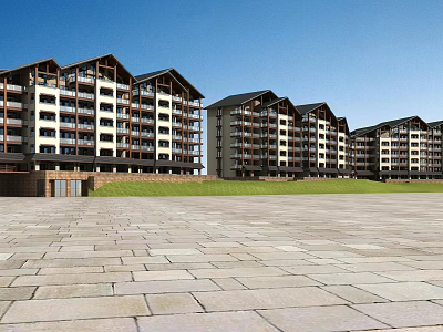 Traditional Modern Multi Storey Hotel Building With Dark Roof Stone Paved Plaza And Lawn Area 3d model