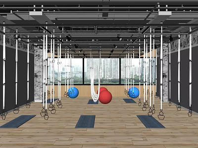 Indoor Fitness Studio With Large Windows Suspension Straps Yoga Mats And Exercise Balls 3d model