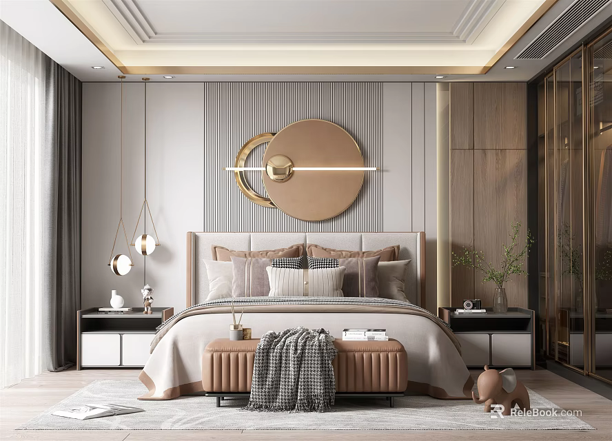 Modern Elegant Bedroom Interior With Upholstered Headboard Round Mirror Pendant Lights And Decorative Pillows 3d model 