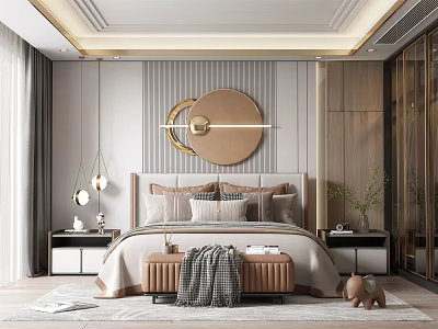 Modern Elegant Bedroom Interior With Upholstered Headboard Round Mirror Pendant Lights And Decorative Pillows 3d model