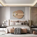 Modern Elegant Bedroom Interior With Upholstered Headboard Round Mirror Pendant Lights And Decorative Pillows