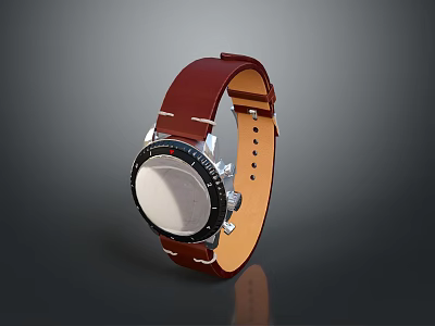 Elegant Watch With Brown Leather Strap Black Dial And Silver Bezel 3d model
