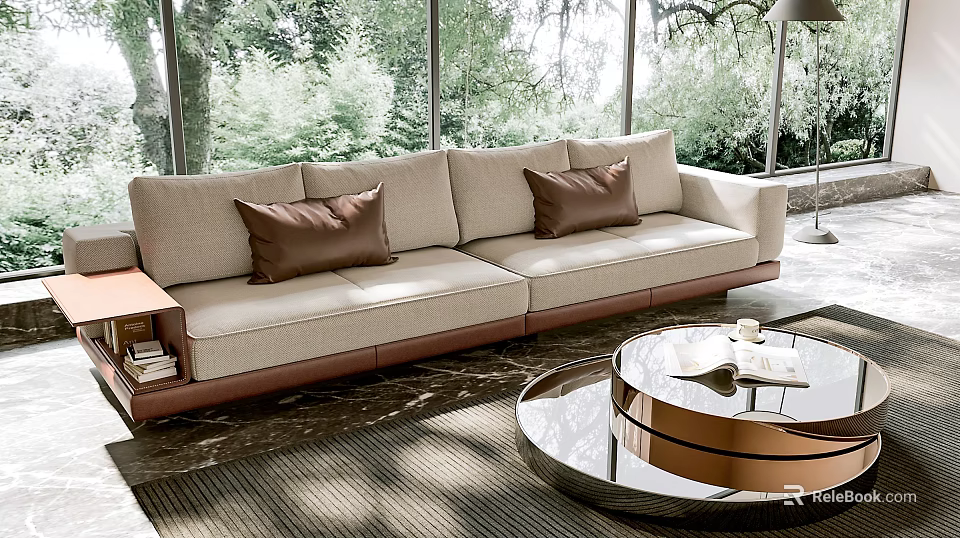Modern Beige Sofa and Round Coffee Table Set with Brown Cushions and Natural Light 3d model 