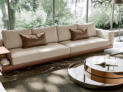 Modern Beige Sofa and Round Coffee Table Set with Brown Cushions and Natural Light 3d model