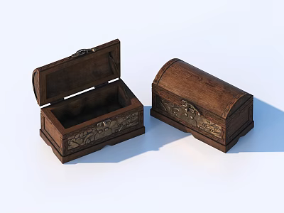 Two Vintage Wooden Storage Boxes With Carved Decorations One Open And One Closed 3d model