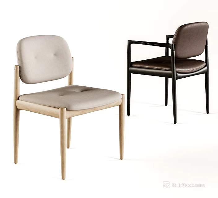 Modern Dining Chairs With Light Wood Frame Beige Padding Black Frame Dark Brown Padding Armrests 3d model
