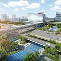Modern Urban Architecture Exterior With Glass Facade Geometric Roof Tall Buildings Trees And Pedestrians