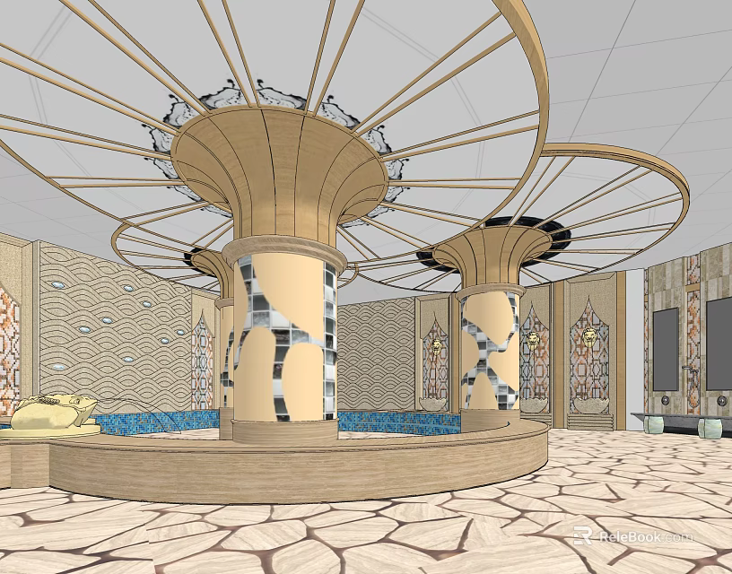 SPA Sauna Interior Design With Circular Pool Decorative Columns Ceiling And Marble Walls 3d model 