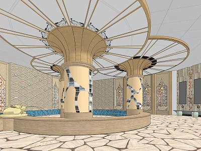 SPA Sauna Interior Design With Circular Pool Decorative Columns Ceiling And Marble Walls 3d model