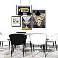 Modern Dining Table Set With Marble Top Black White Chairs And Decorative Wall Art