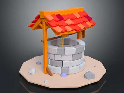 Red Roof Orange Frame Gray Stone Well Garden Ornament With Small Stones 3d model
