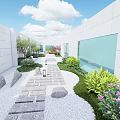 Roof Garden Design With Lush Green Plants Stone Paving And Relaxation Area