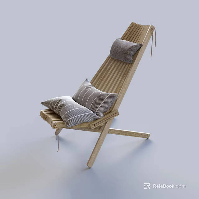 Minimalist Wooden Lounge Chair with Striped Design and Gray Cushions on Light Background 3d model 
