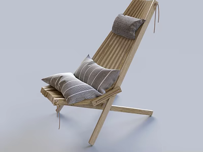 Minimalist Wooden Lounge Chair with Striped Design and Gray Cushions on Light Background 3d model