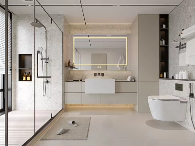 Modern Bathroom Interior Design With Glass Shower Enclosure Large Mirror And Wall Mounted Toilet 3d model