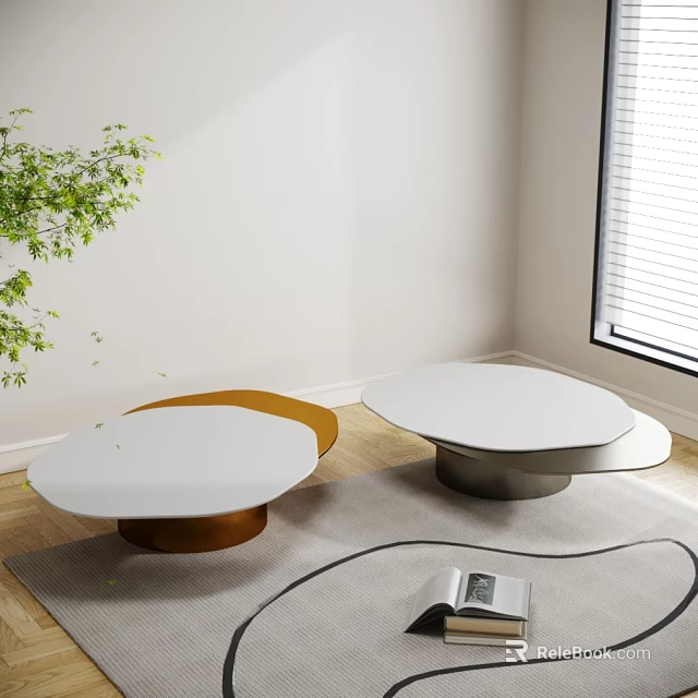 Contemporary Coffee Tables with Round White Orange Tops Metal Bases Wooden Floor Green Plant 3d model 