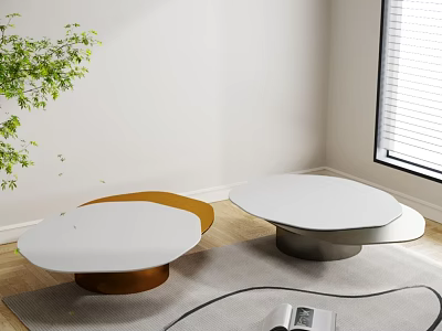 Contemporary Coffee Tables with Round White Orange Tops Metal Bases Wooden Floor Green Plant 3d model