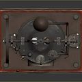 Vintage Mechanical Device Model With Two Circular Components Large Wheel Metal Structure And Red Base