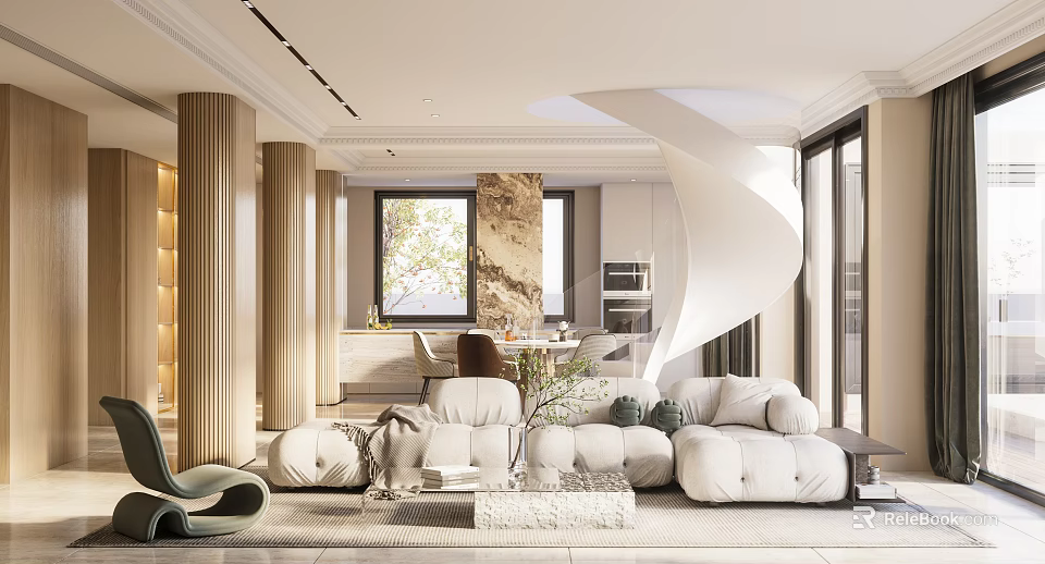 Spacious Modern Living And Dining Room Interior With White Sofa Dining Table And Large Windows 3d model 