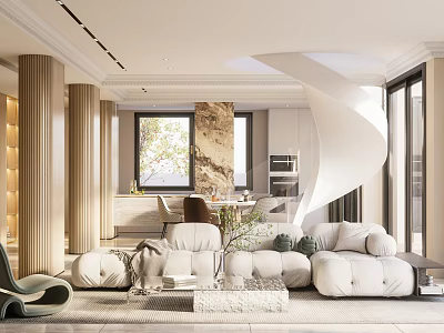 Spacious Modern Living And Dining Room Interior With White Sofa Dining Table And Large Windows 3d model