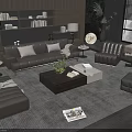 Modern Living Room Dark Leather Sofa And Coffee Table Set With Throw Pillows Green Plant