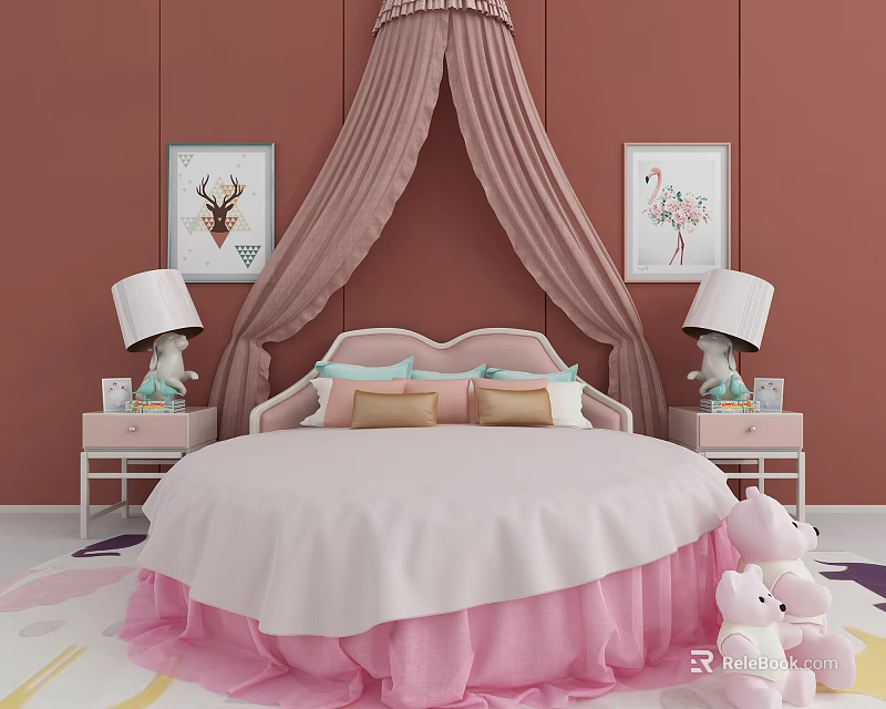 Round Bed With Canopy Curtains Decorative Paintings Bedside Lamps And Stuffed Toys In Pink Bedroom 3d model 