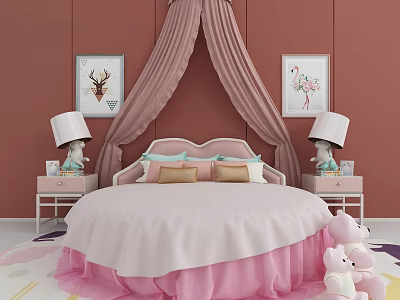 Round Bed With Canopy Curtains Decorative Paintings Bedside Lamps And Stuffed Toys In Pink Bedroom 3d model