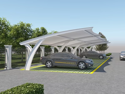 Outdoor Carport Canopy Covering Cars In Green Parking Area With Trees 3d model