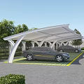 Outdoor Carport Canopy Covering Cars In Green Parking Area With Trees