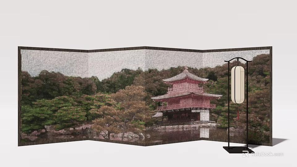 Traditional Red Pagoda Garden With Water And Trees Featuring Lantern Structure 3d model 