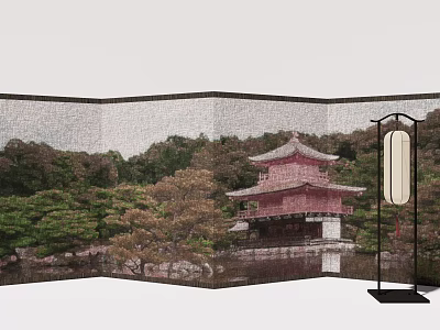 Traditional Red Pagoda Garden With Water And Trees Featuring Lantern Structure 3d model