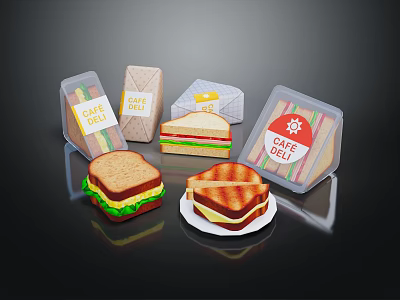 Fresh Assorted Sandwiches With Cafe Deli Packaging And Served On Plate 3d model