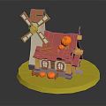 Rustic Country Cottage With Red Roof White Walls And Windmill Decorated With Pumpkins