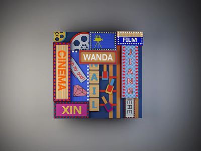 Film Themed Cinema Background Wall With Wanda Logo Film Reel And Camera Elements 3d model
