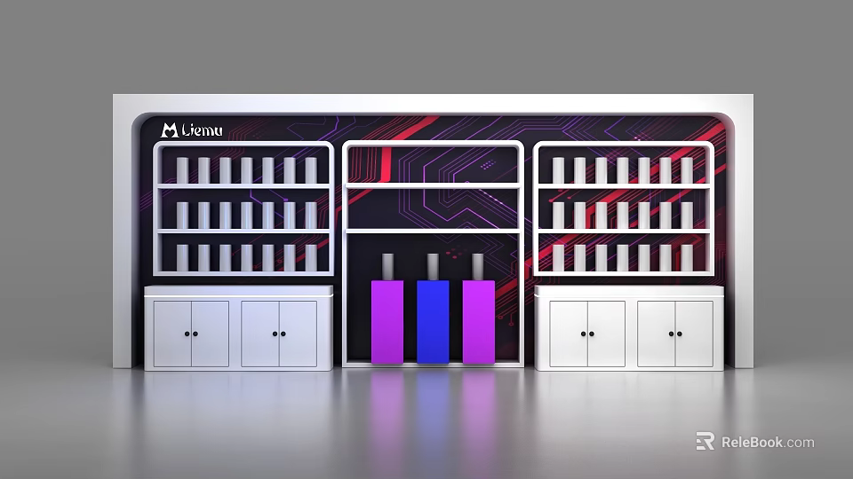 Modern Display Shelves With Multi Tier Design Colored Panels And Storage Cabinets 3d model