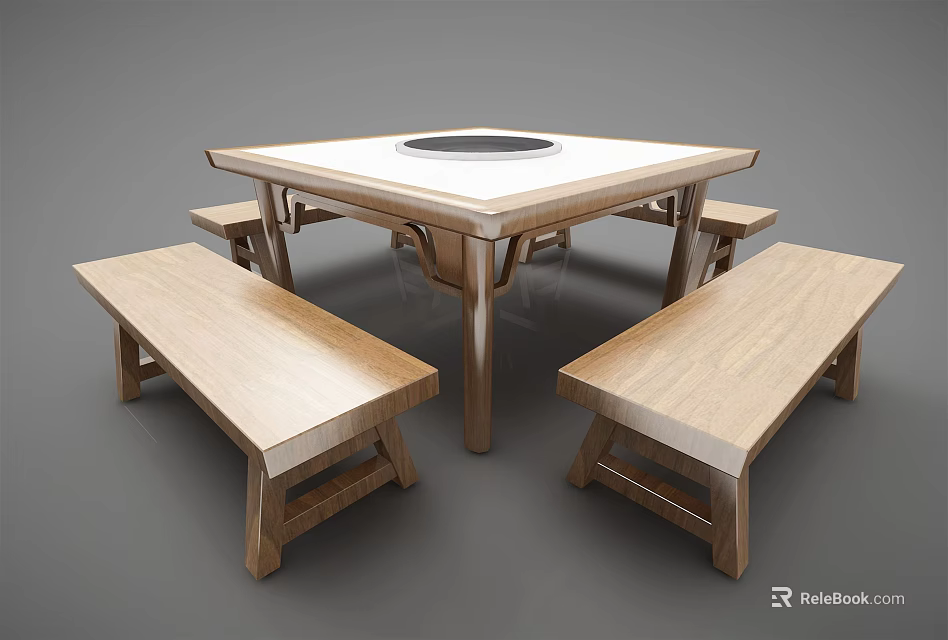 Simple Wooden Square Dining Table Set With Circular Center Opening And Benches 3d model 
