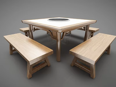 Simple Wooden Square Dining Table Set With Circular Center Opening And Benches 3d model